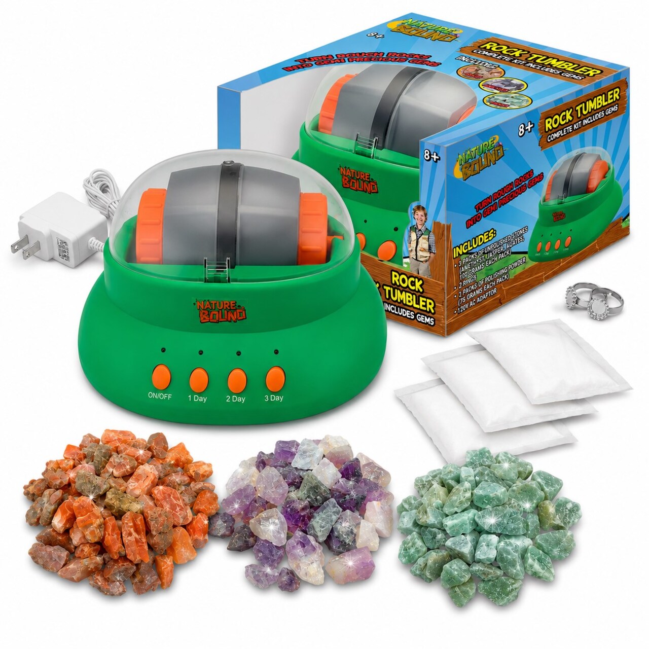 Nature Bound: Rock Tumbler - Starter Kit, Turn Rocks Into Gemstones, Create Jewelry, Amethyst-Jasper-Agates Stones, 2 Rings, Polishing Powder, Kids 8+